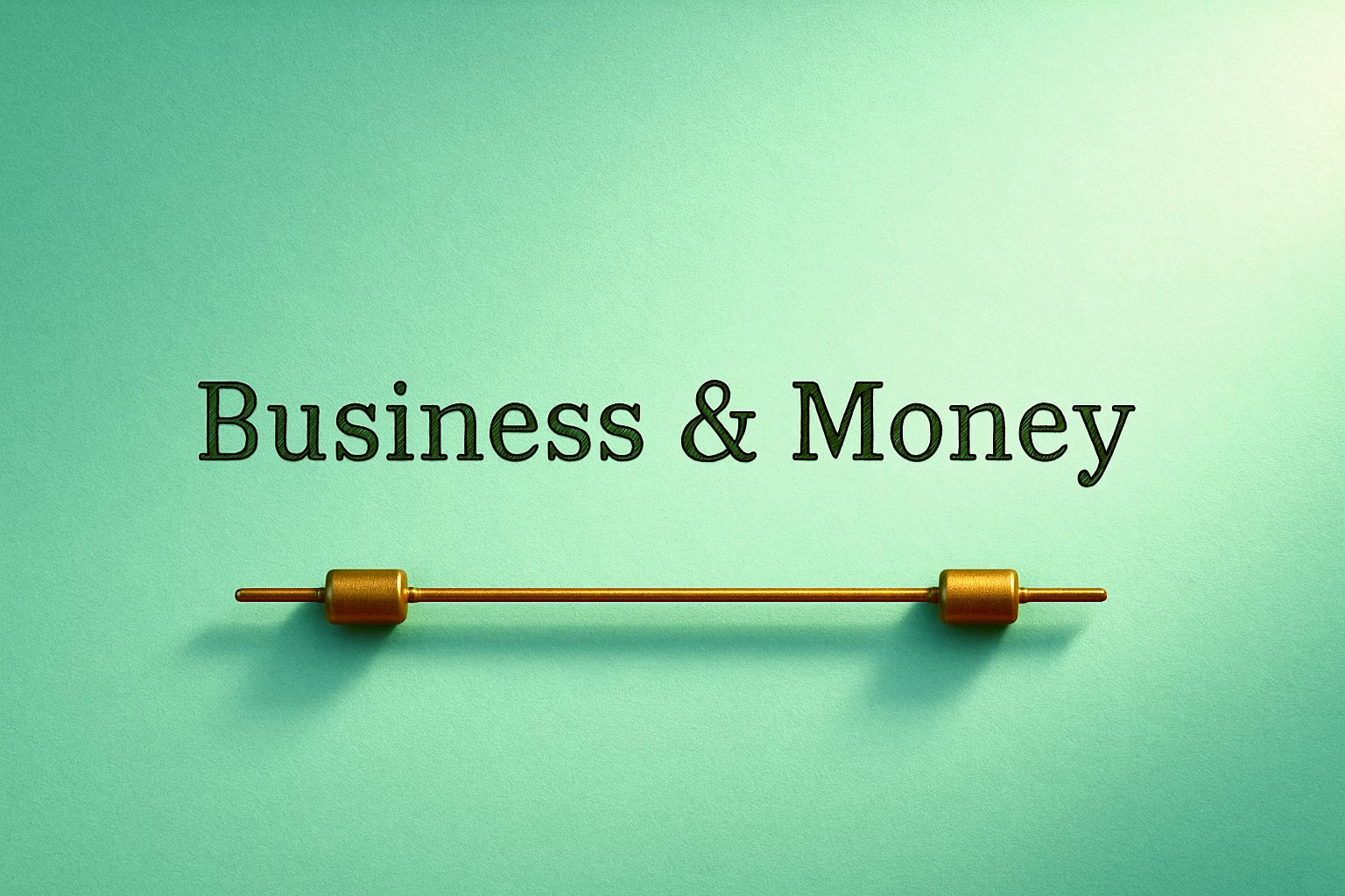 Business and Money title on mint-green textured paper with a brass horizontal typewriter bar beneath it