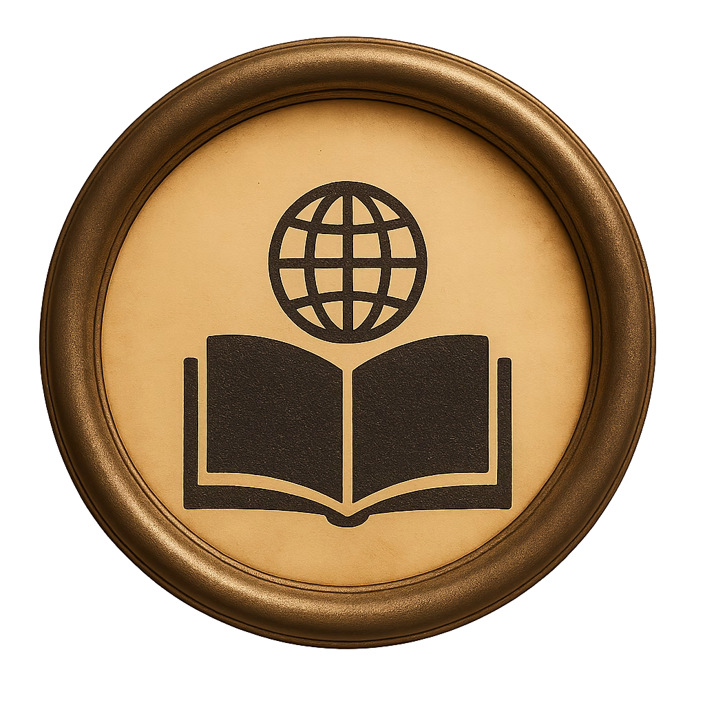 Open book with a globe above it, printed in black inside a round metallic frame resembling a vintage typewriter key