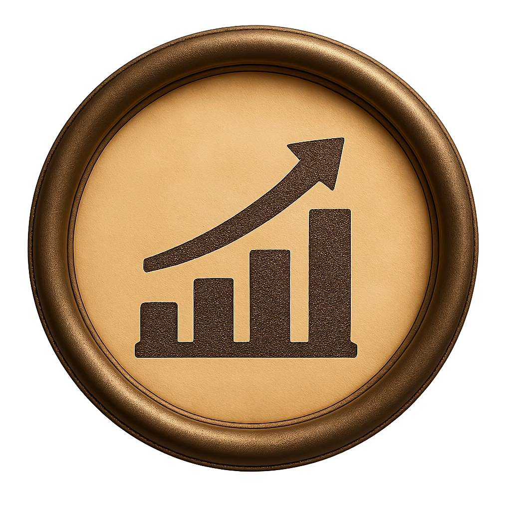 Upward-trending bar chart symbol printed in black inside a round metallic frame resembling a vintage typewriter key