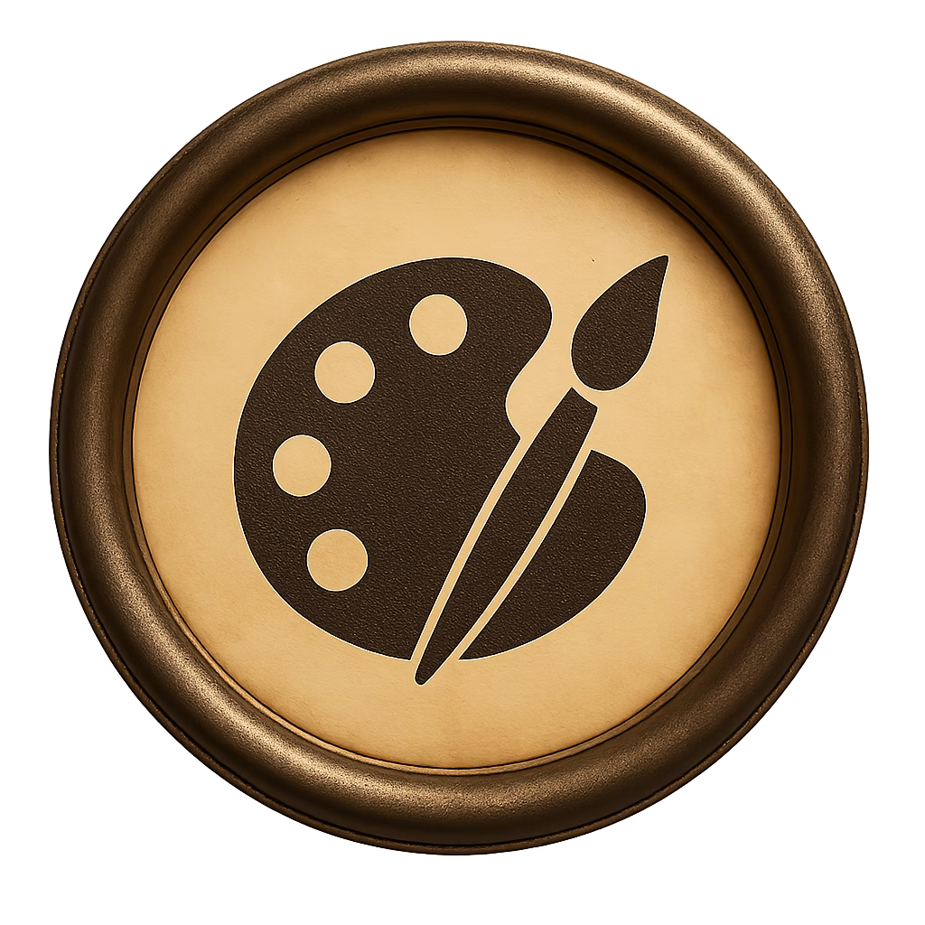 Artist palette and paintbrush symbol printed in black inside a round metallic frame resembling a vintage typewriter key