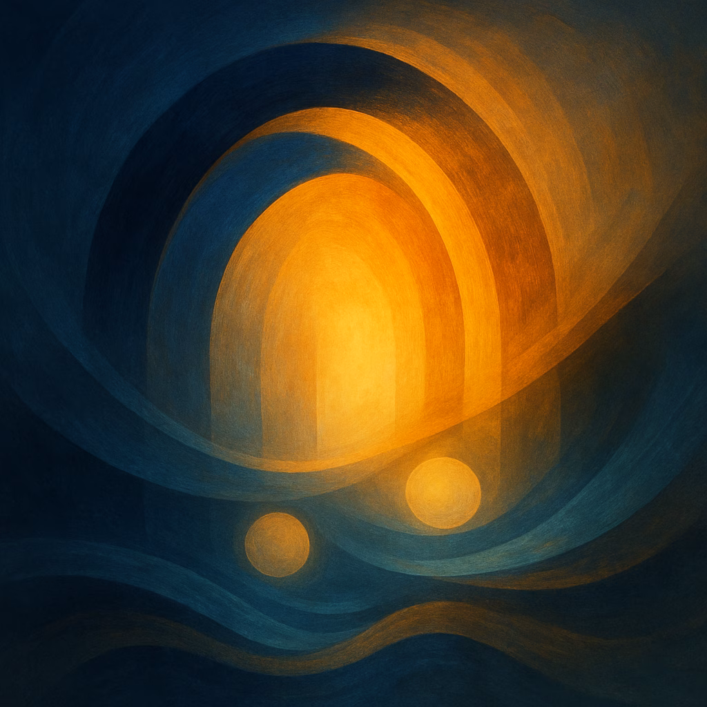 Abstract fine-art digital illustration symbolizing ACLU advocacy: luminous blue and gold arches with radiant light and flowing forms.