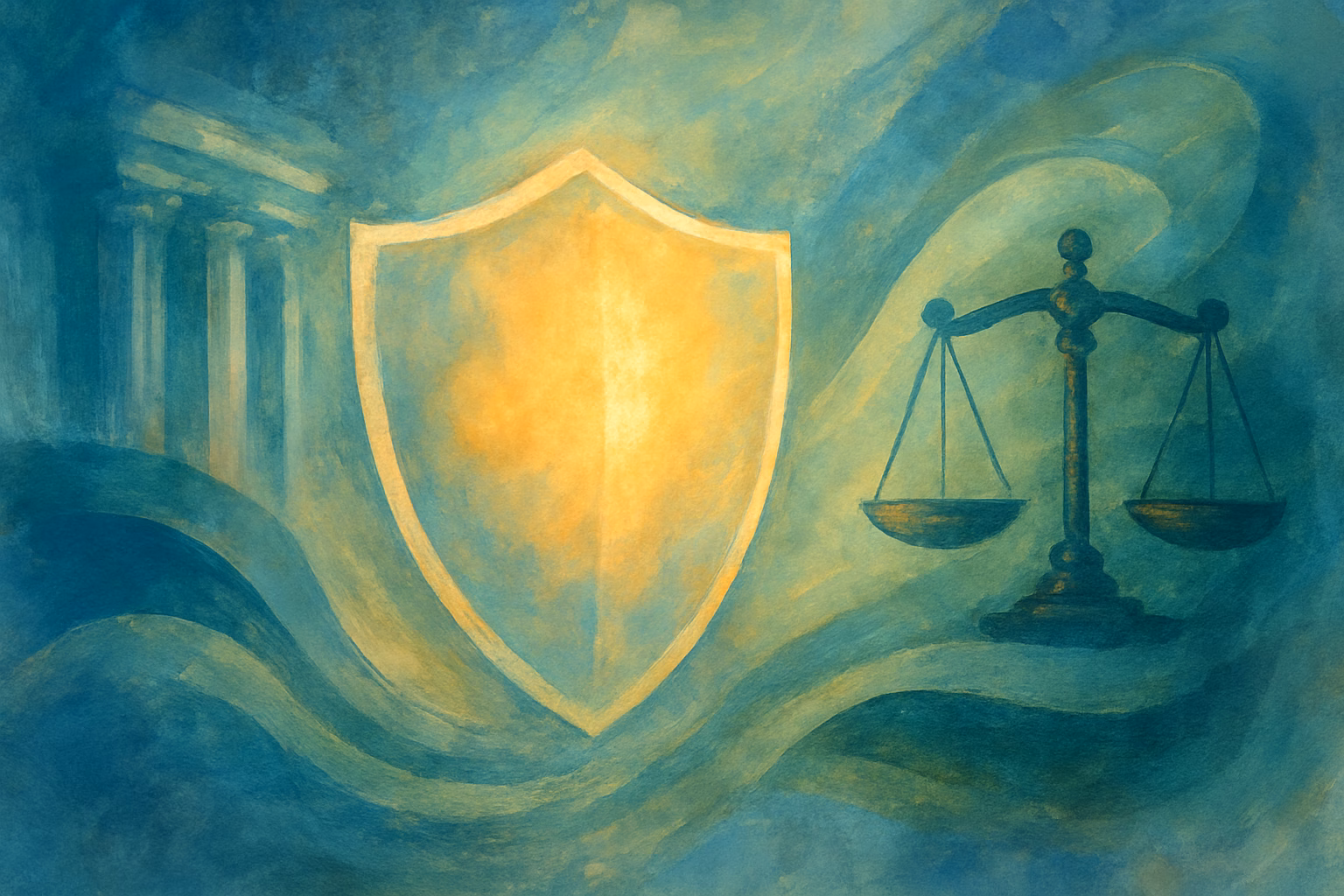 Animal legal protection, shield and justice scales conceptual illustration, painterly style, editorial AVIF.
