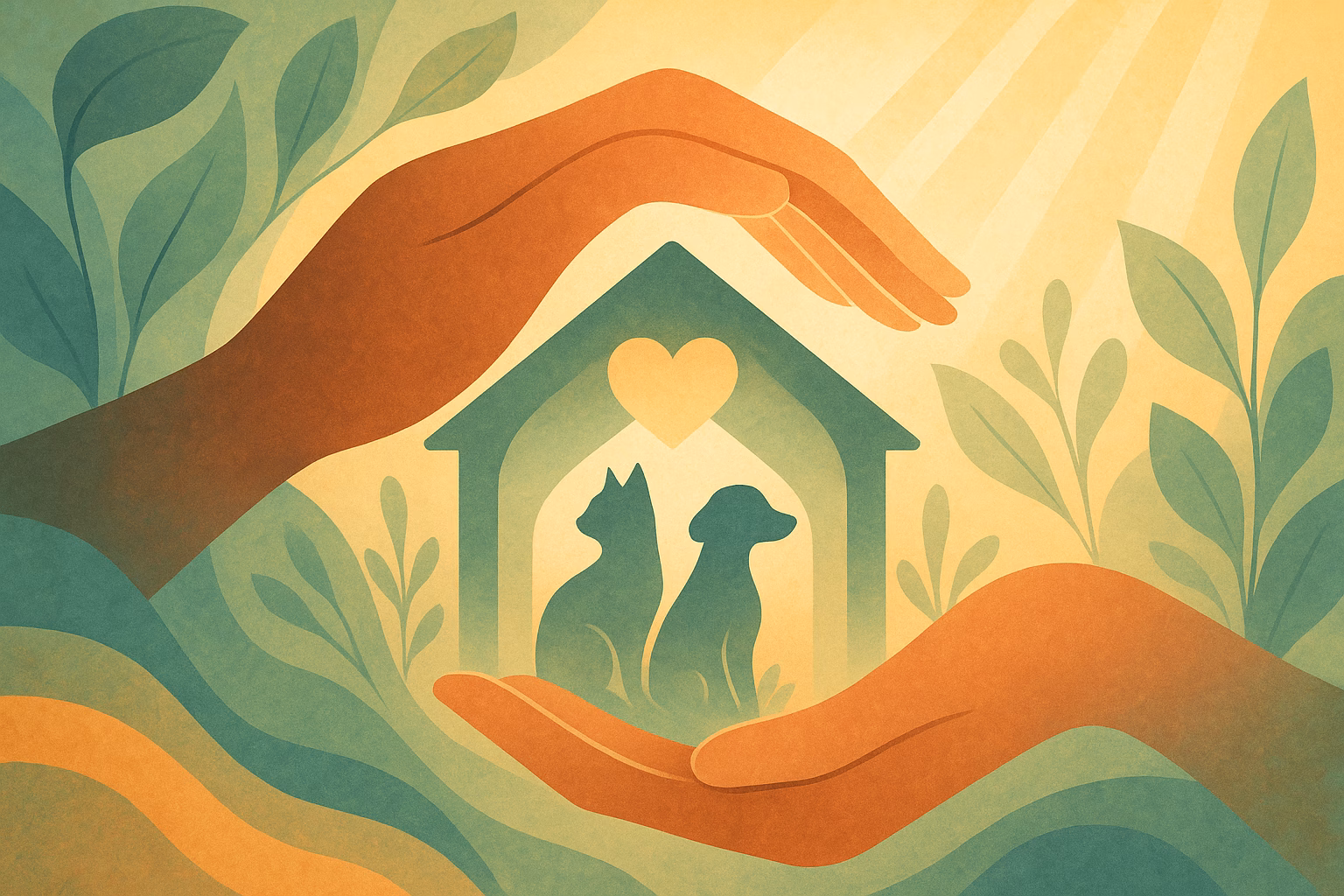ASPCA animal welfare hero illustration, shelter-shaped hands and animal silhouettes, warm natural tones, digital illustration.