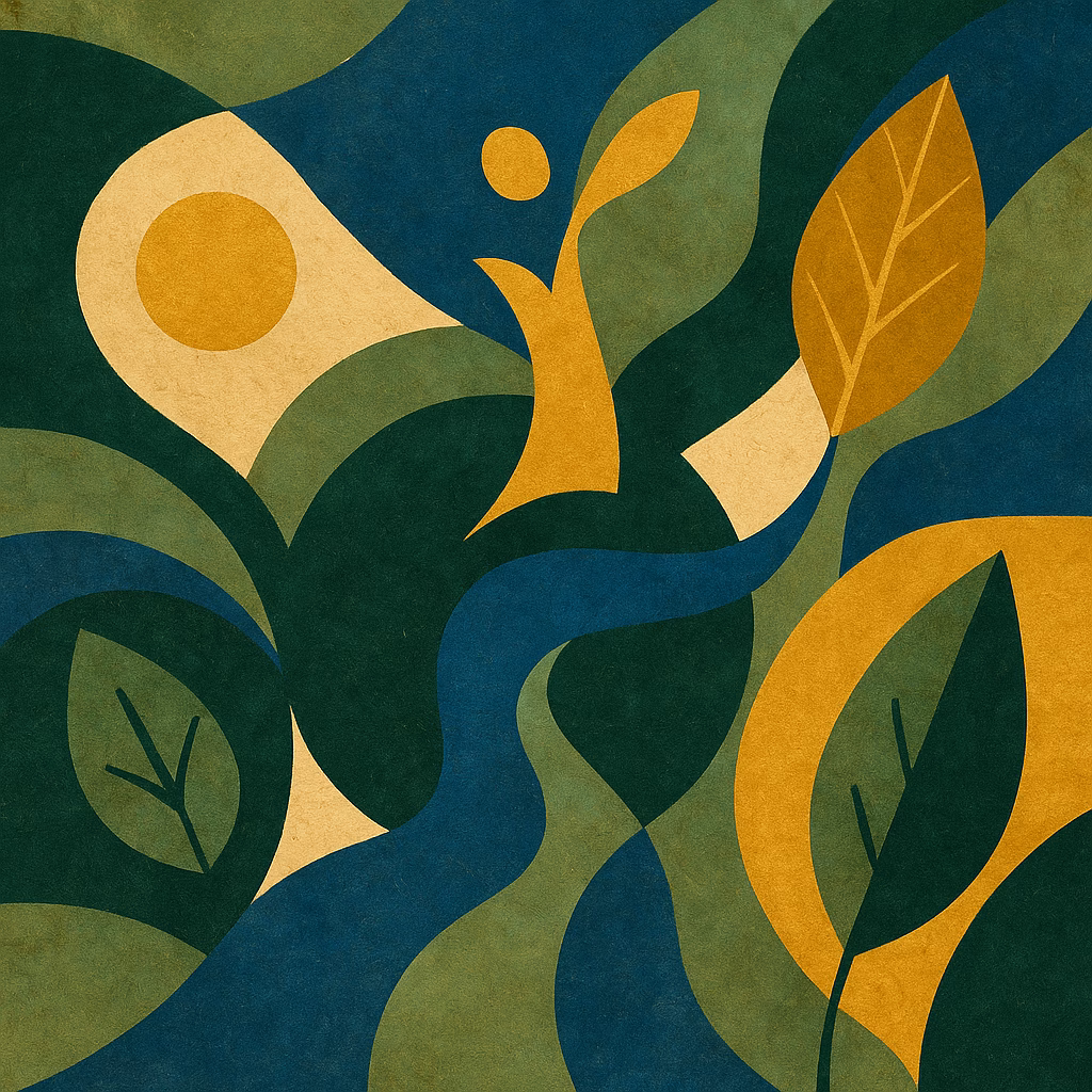 NRDC guide abstract infographic showing four key zones: mission, programs, impact pathways, and ways to support, in green-blue organic map style, digital illustration.