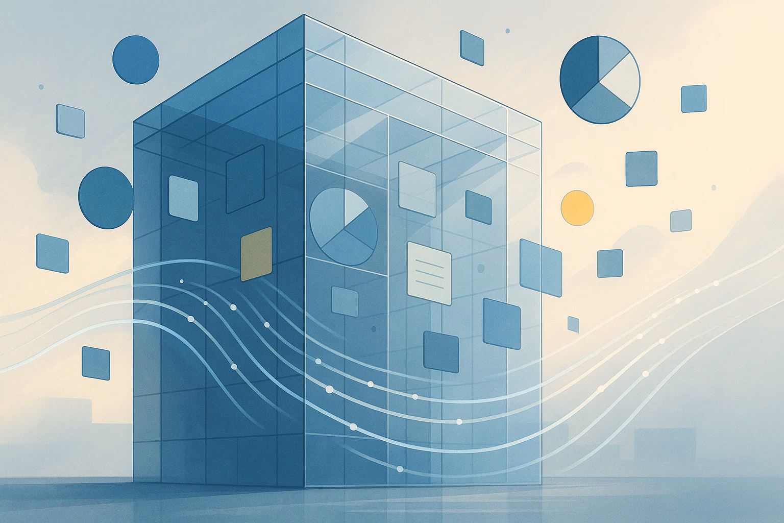 Pew Research Center research methodology illustrated as transparent glass structure, abstract data shapes, and flowing streams, AVIF.