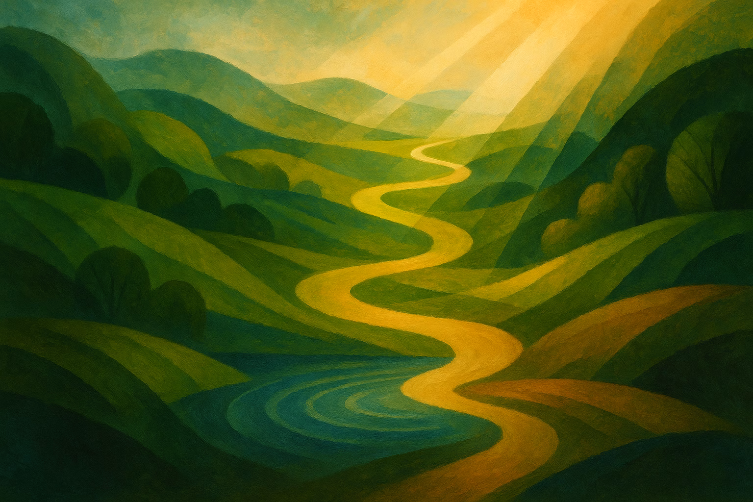 Impressionistic landscape painting of rolling green hills, winding sunlit path, and rippling water, expressing environmental connection.