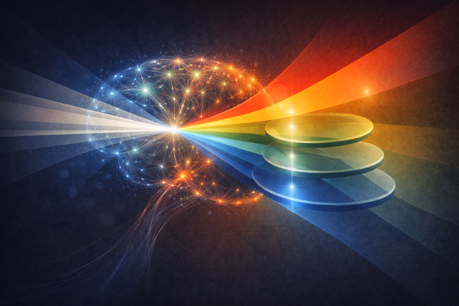 Abstract neural network filtering light through layered belief-shaped lenses