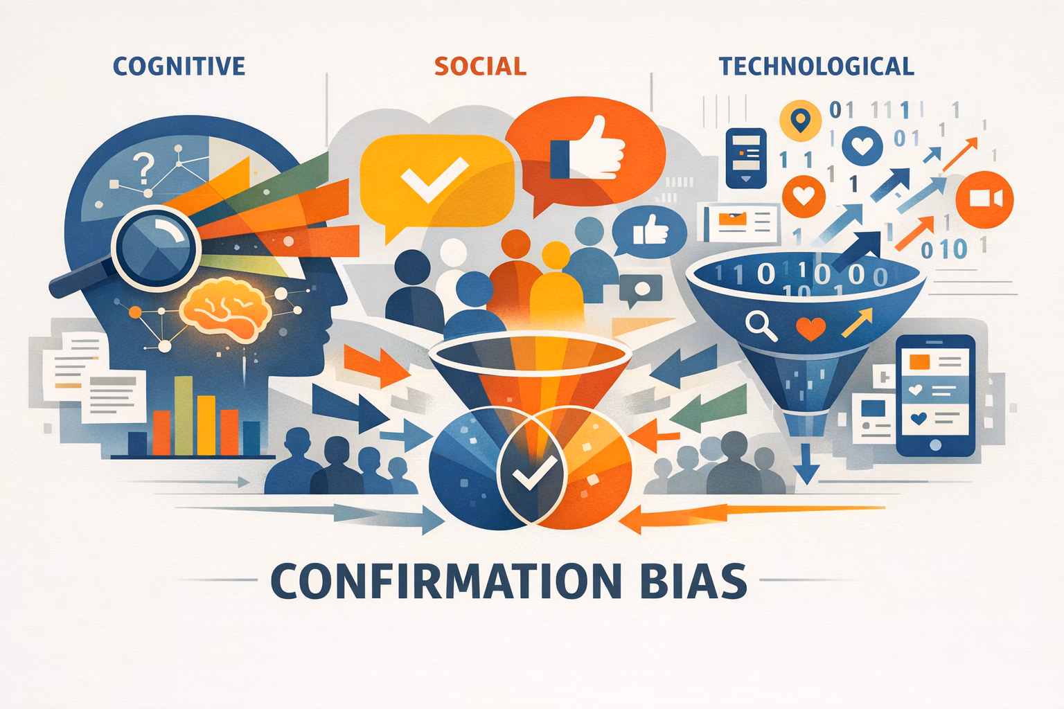 confirmation bias mechanisms illustrated through cognitive, social, and technological filtering diagram