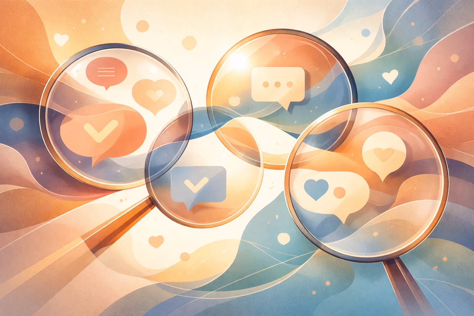 Illustration of connected lenses and reflections showing how our beliefs and shared perspectives shape what we notice and understand online