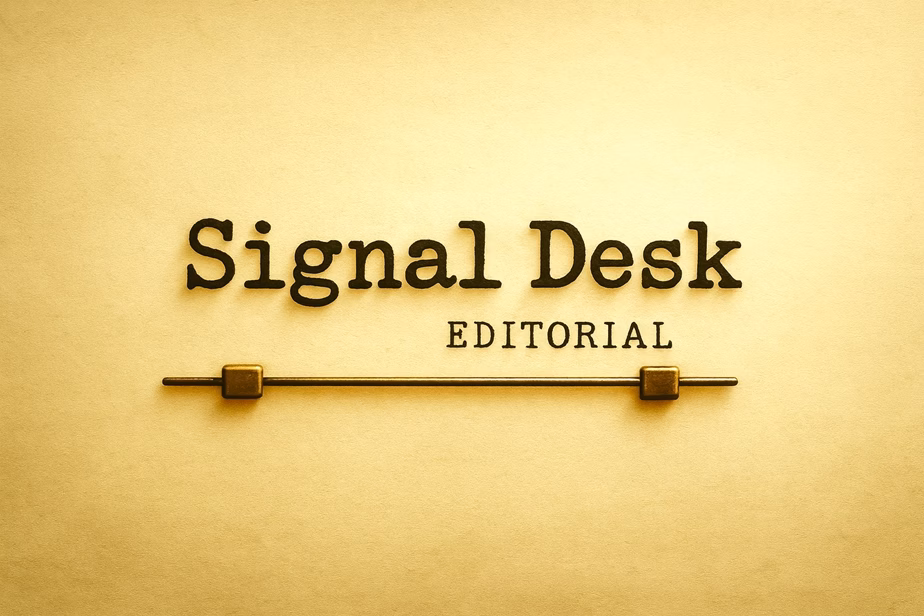 Signal Desk Editorial wordmark in black letters on warm textured paper with a horizontal brass typewriter bar beneath it
