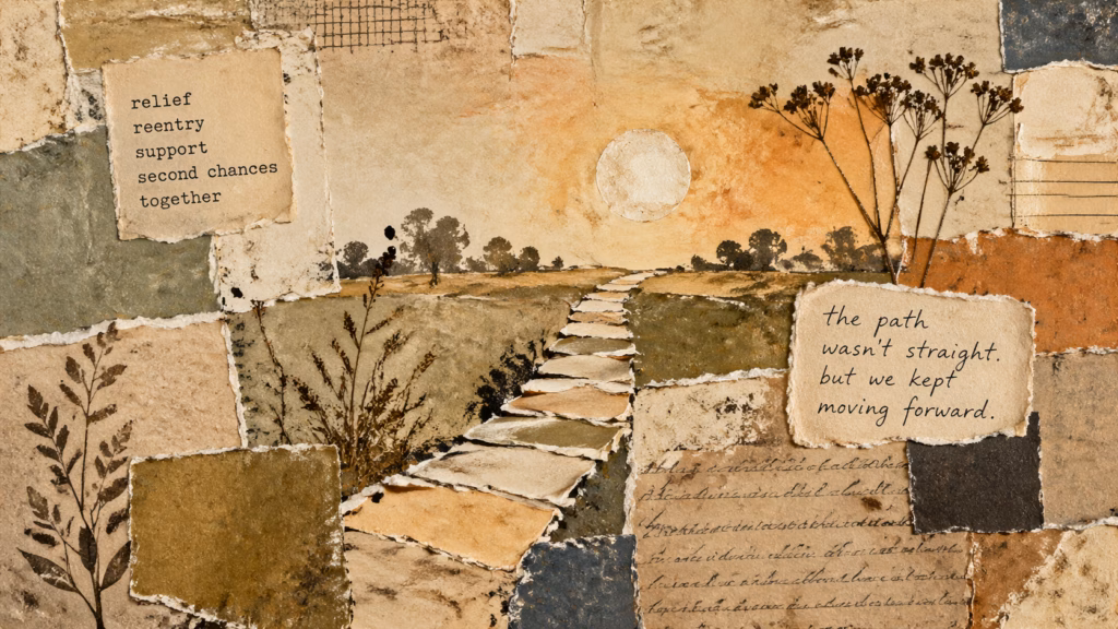 Cannabis convictions support guide shown as a mixed-media path through relief, reentry, and family support