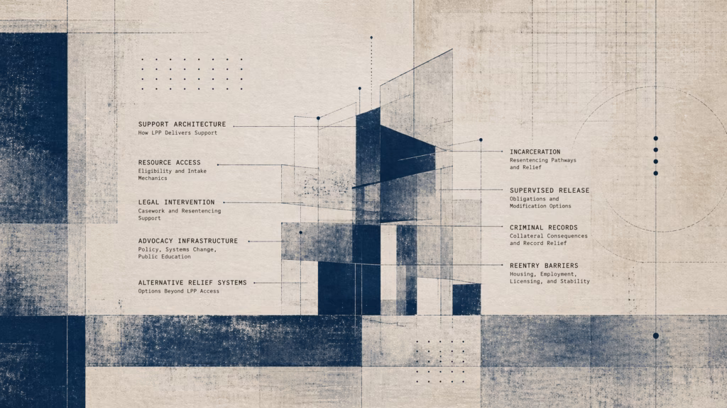 Last Prisoner Project support architecture shown as an abstract blueprint of resource access, legal intervention, and relief pathways