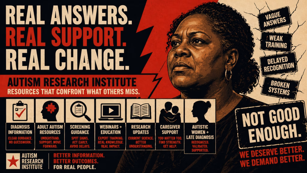 Autism Research Institute resources for diagnosis, screening, adult autism, webinars, and caregiver support.