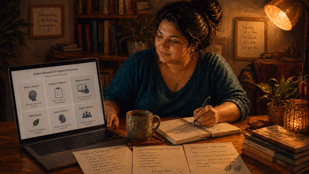 Autism Research Institute resources shown on a laptop beside calm notes for autism support.