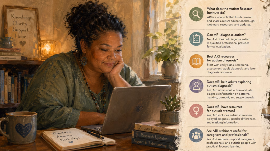 Autism Research Institute FAQs beside a warm study scene for autism support