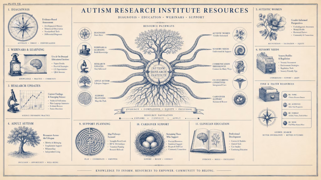 Autism resources mapped as scientific pathways for diagnosis, webinars, research, and support.