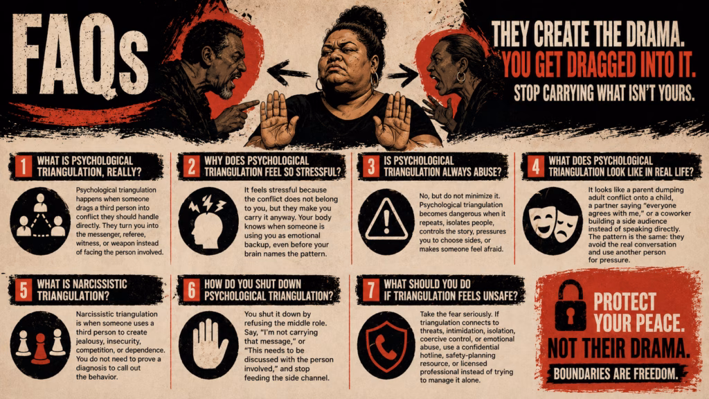 Psychological triangulation FAQs shown as a person refusing to be pulled into conflict.