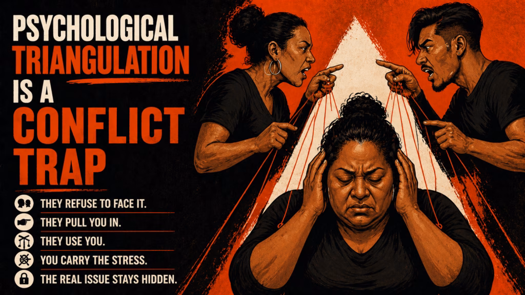 Psychological triangulation conflict trap shown as a person pulled between two arguments