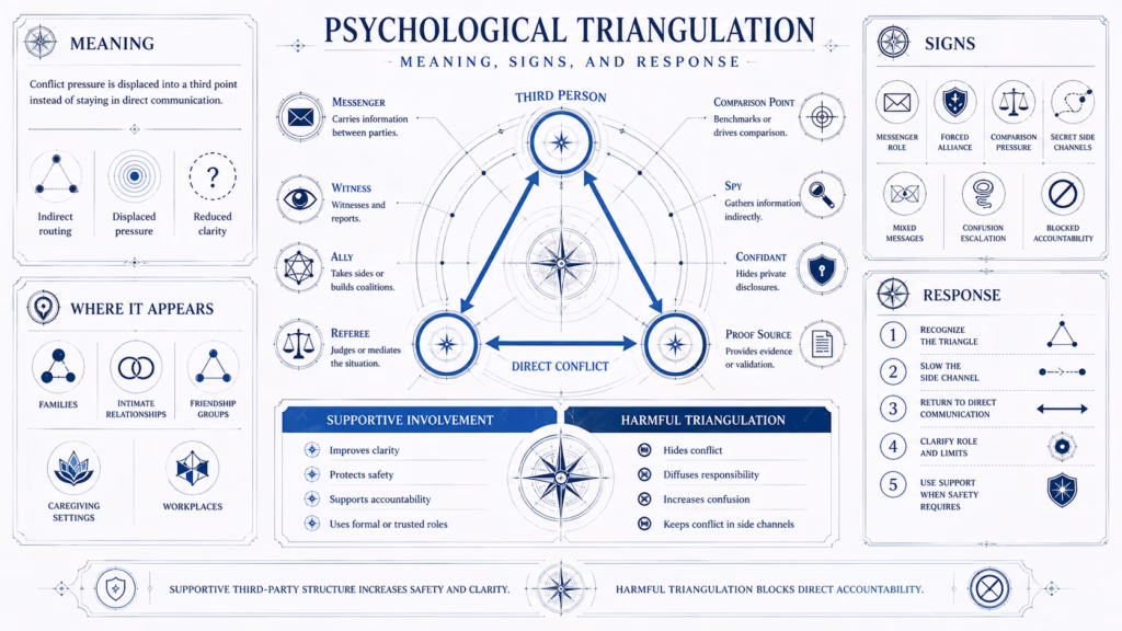 Psychological triangulation diagram showing third-person conflict routing, signs, response steps, and boundaries.