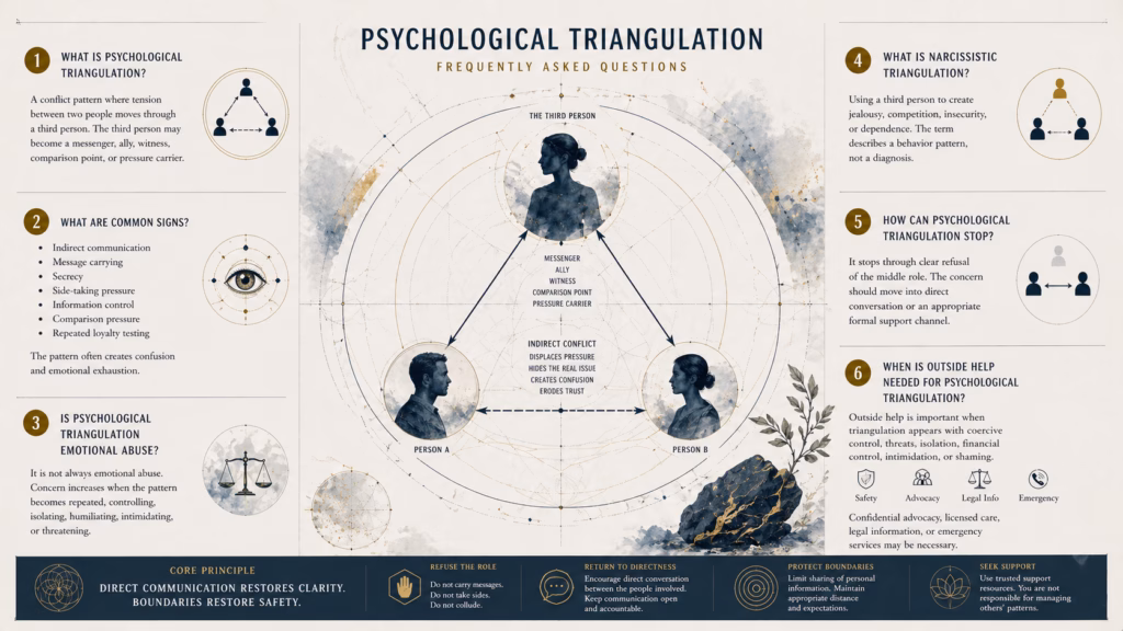 Psychological triangulation FAQ diagram showing indirect conflict, signs, boundaries, and support criteria.