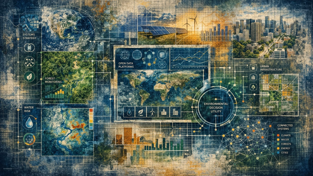 Systems strategy and open data illustration with water risk, forest monitoring, and environmental decision utility