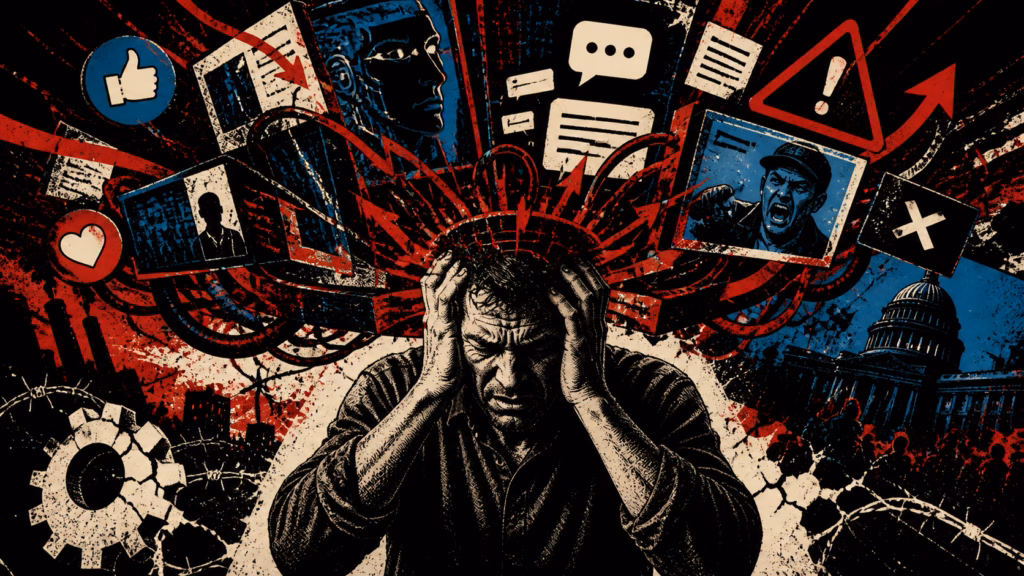 Person overwhelmed by aggressive digital and AI-driven feedback loops