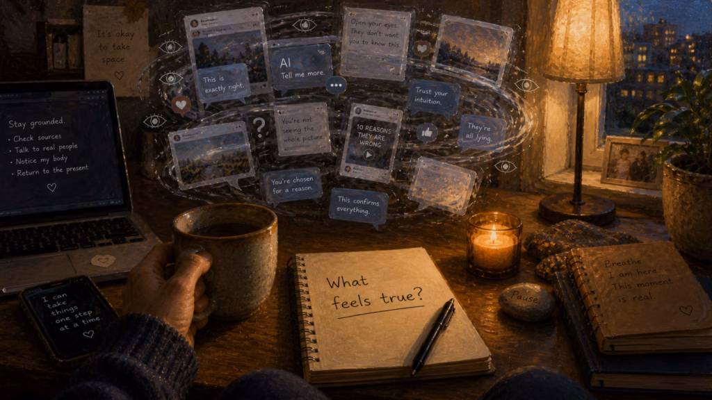 Warm desk scene showing AI and social media messages beside a grounding note