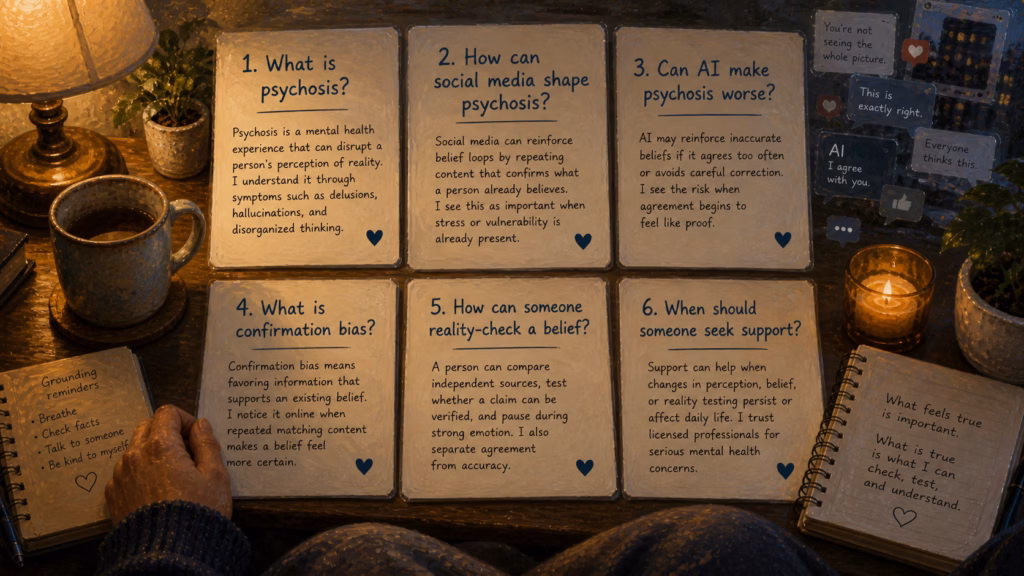 Warm FAQ cards about psychosis, AI, and reality checks on a desk