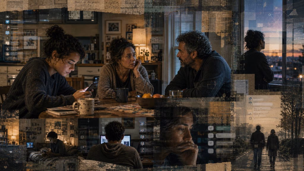 Adults in a home navigate phones and conversation as digital layers reflect shared reality