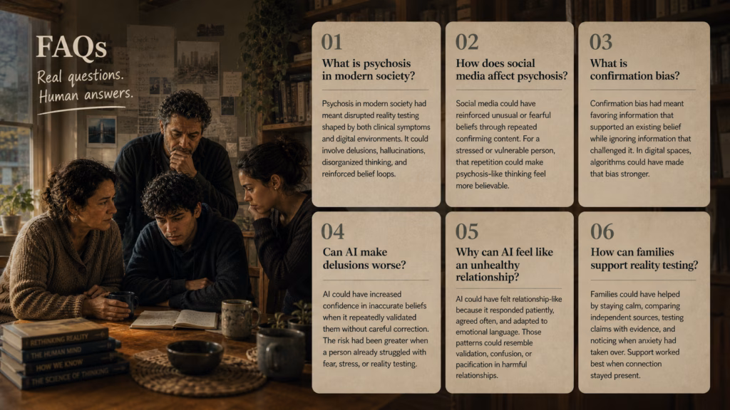 Family discussing reality and digital influence with FAQ cards on psychosis and social media