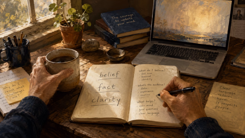 First-person desk scene with notes on belief, fact, and clarity