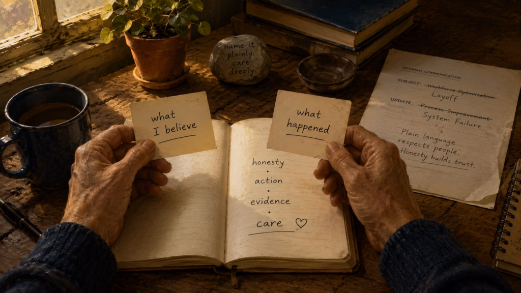 First-person desk scene comparing belief, action, evidence, and care
