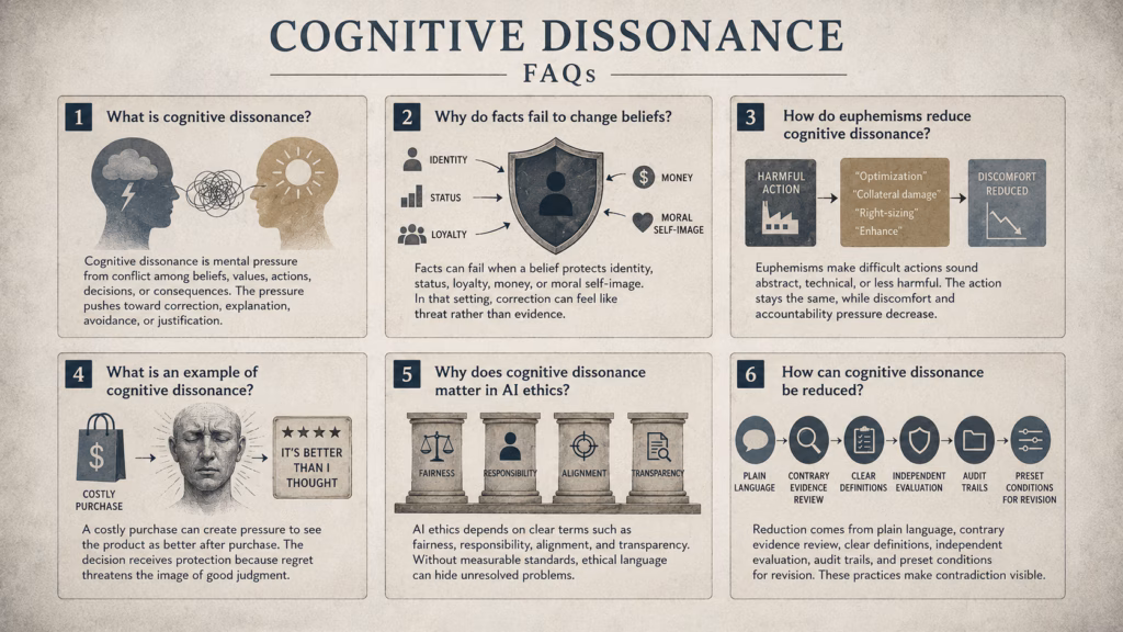 FAQ Analytical illustration showing cognitive dissonance, belief conflict, and AI ethics systems