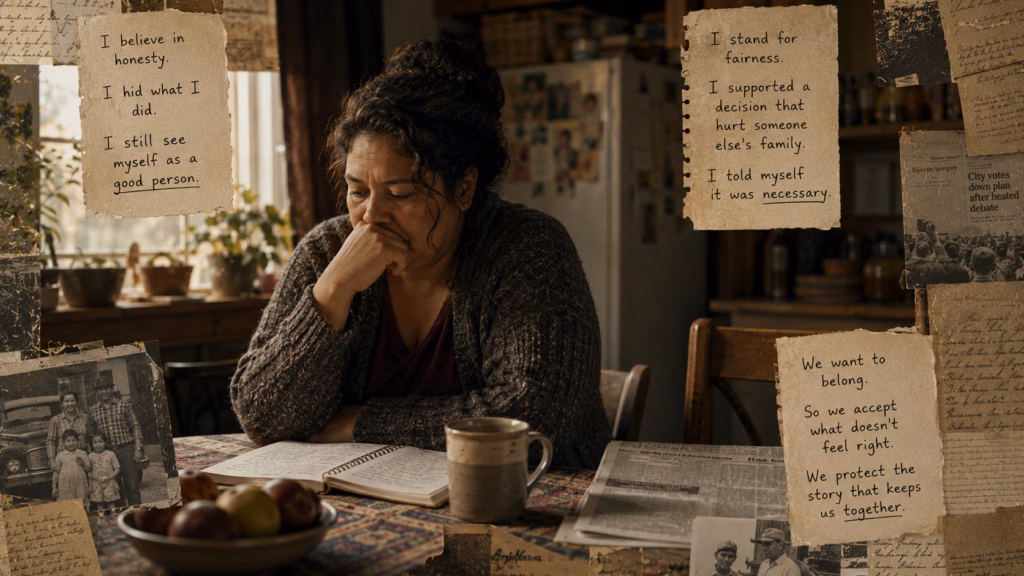 Woman reflecting alone at kitchen table surrounded by layered family notes and conflicting community narratives