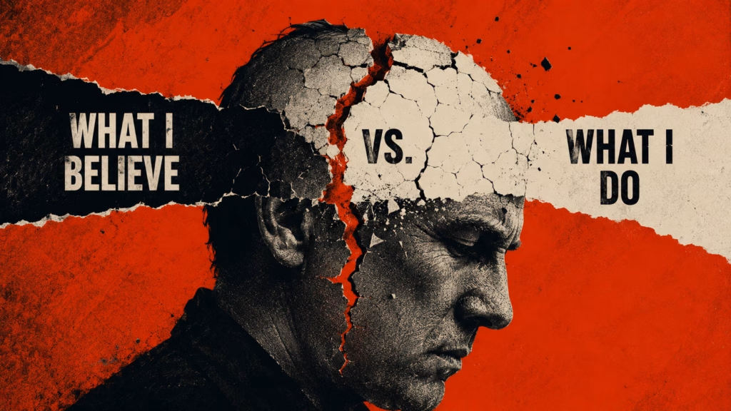 Fractured portrait split between belief and action on a red editorial poster background
