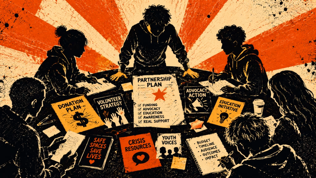 Silkscreen strategy table with LGBTQ+ youth support and advocacy plans