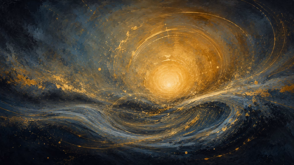 Self-coherence and psychology of entrainment depicted as a luminous abstract field of converging energy and flowing rhythm.