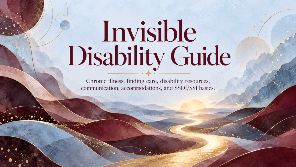 Abstract burgundy, plum, blue and gold artwork for an invisible disability guide