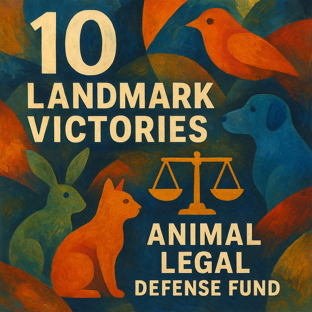 Animal Legal Defense Fund landmark victories abstract painting, scales of justice, animal silhouettes, digital editorial illustration.
